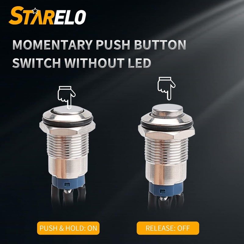 STARELO 5pcs 12mm Momentary led Push Button Switch Silver Shell with pre-Wiring, IP65 Waterproof Push Button Switch,1NO 1 Normally,Self-resetting with LED(Blue). - Image 5